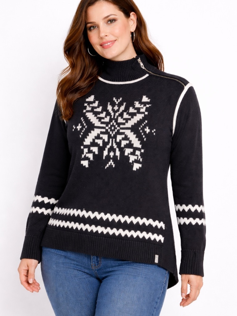 T by Talbots Sweater Snowflake Fair Isle Shoulder Zip Black Cream Large Petite